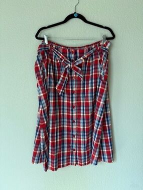 Vintage Button-Front Plaid A-Line Skirt with Waist Tie - Red & Blue